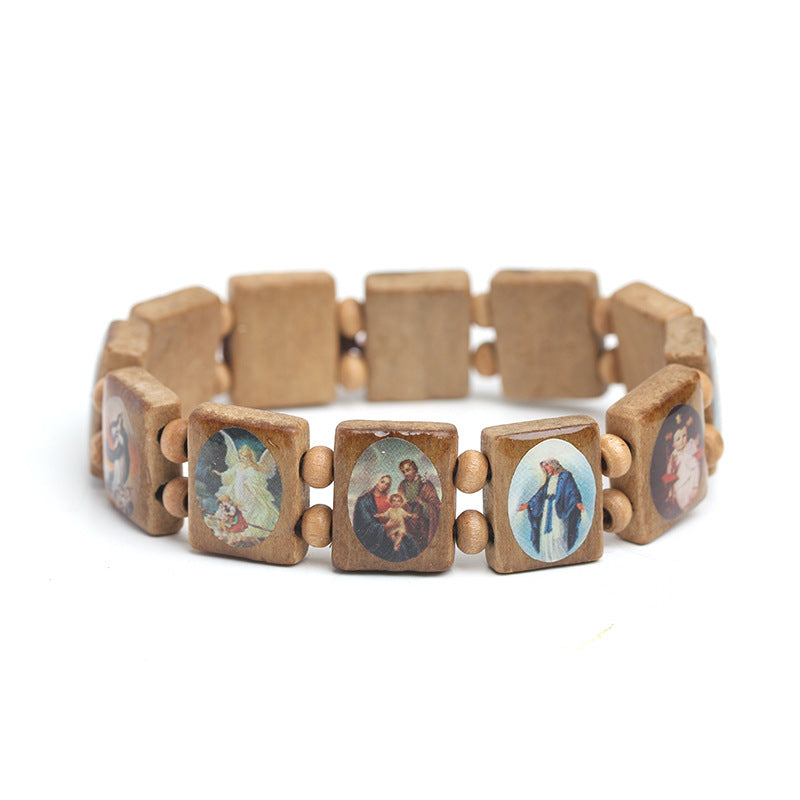 Wine red wooden rosary bracelet with geometric design for religious devotion and faith expression