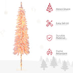 Close-up of pink flocked branches with artificial snow and warm white LED lights