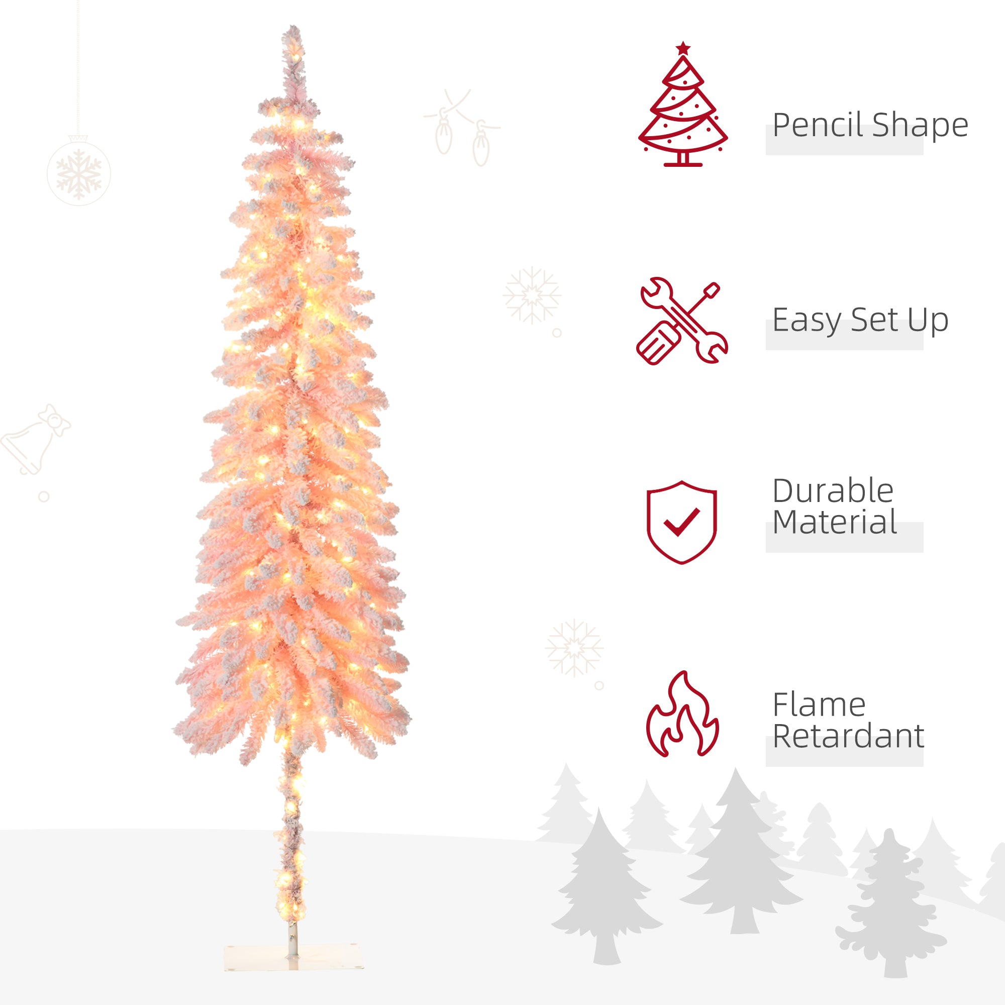 Close-up of pink flocked branches with artificial snow and warm white LED lights