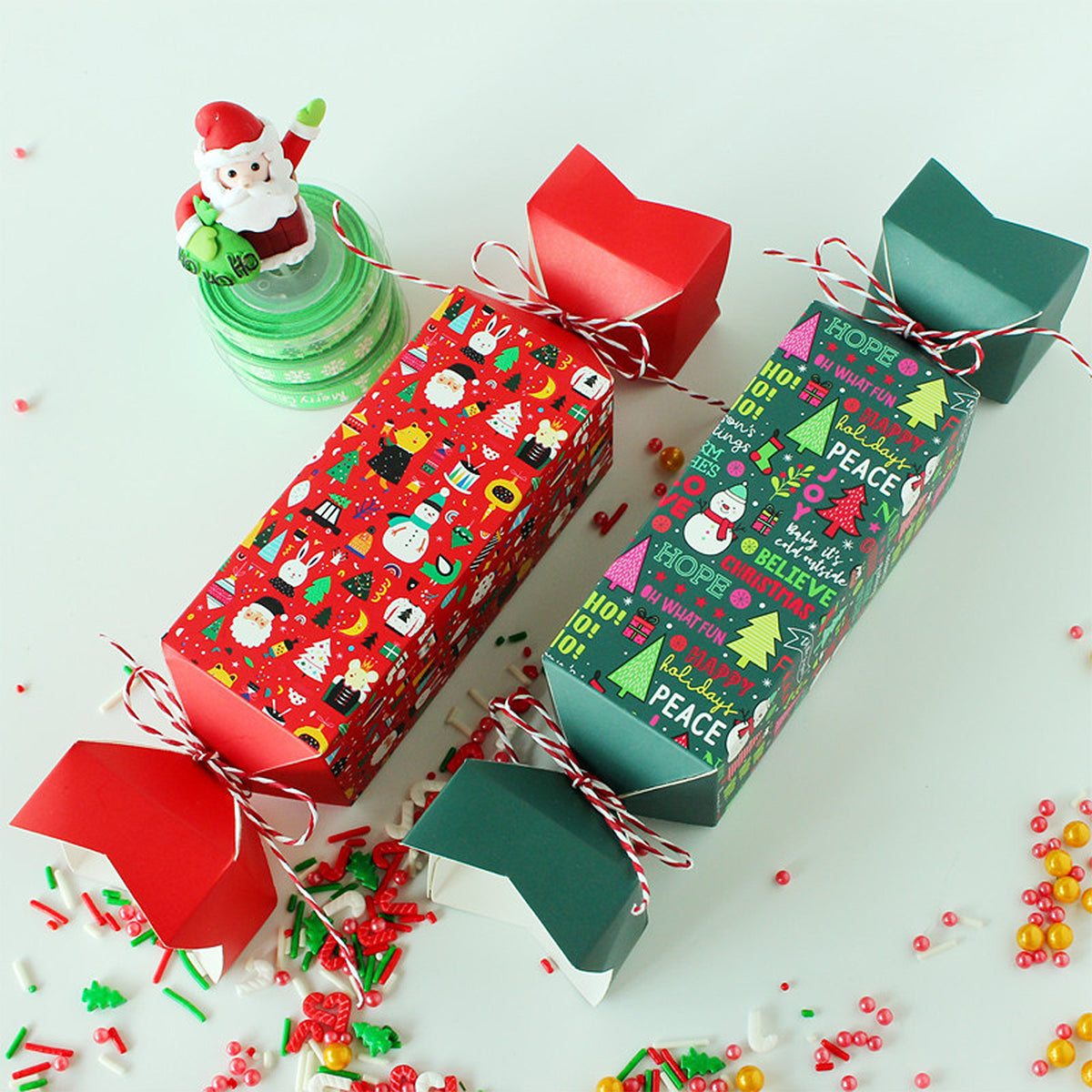 Close-up of Christmas candy box set showing festive paper material