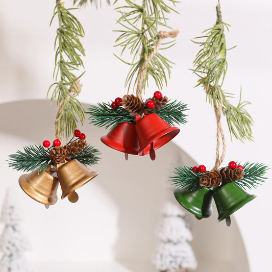 Wrought iron pine cone and double bell pendant in gold finish for Christmas decor