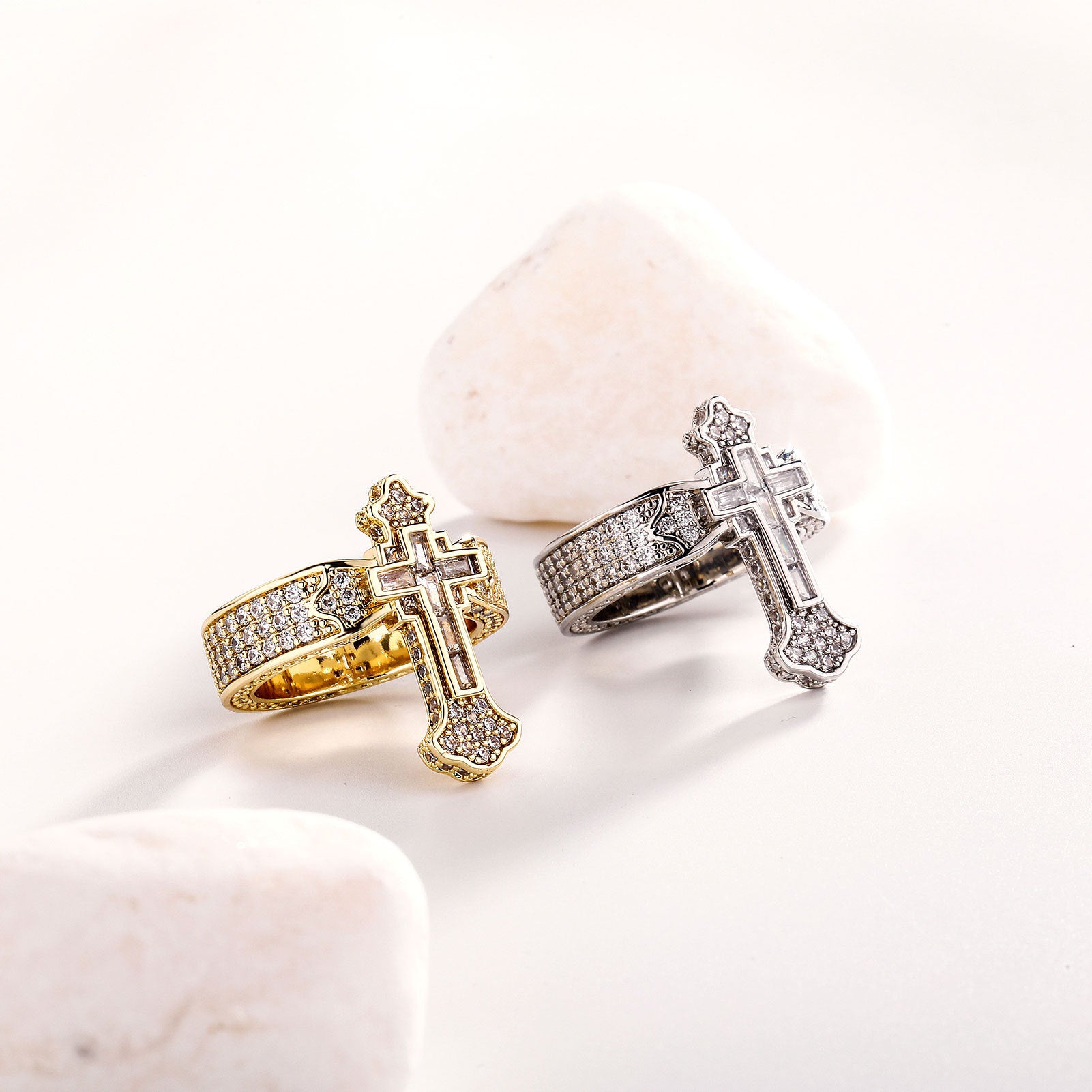 Gold-toned cross signet ring on white background - Christian Jewelry