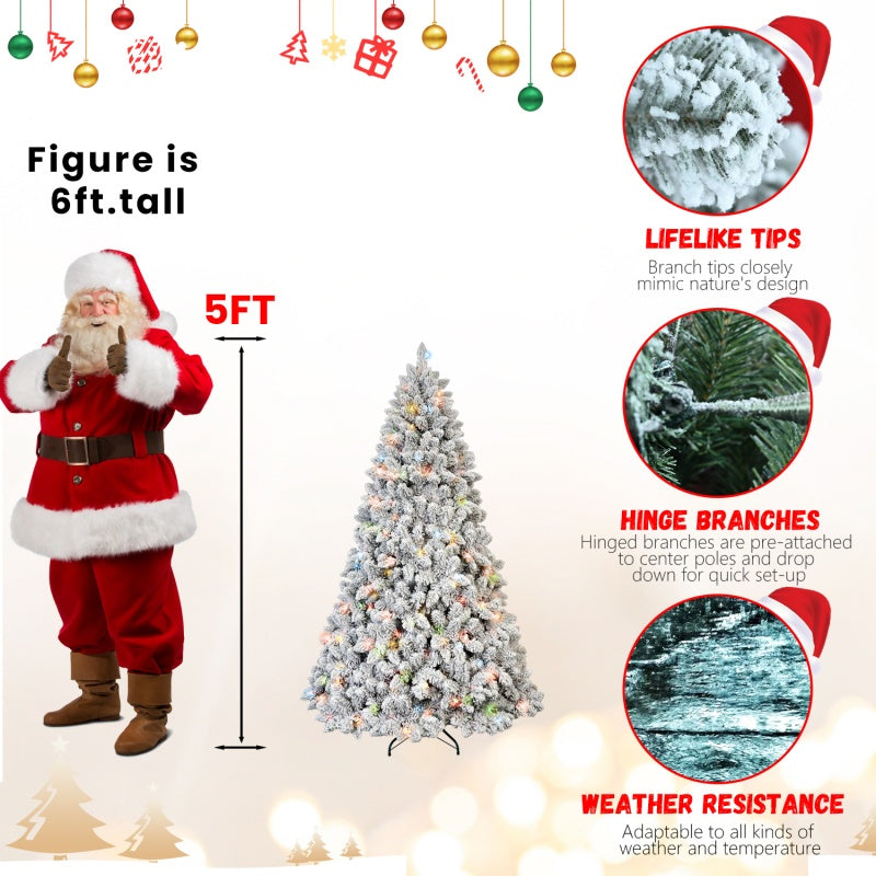 Flocked Christmas tree with pine cone decorations in warm ambient lighting