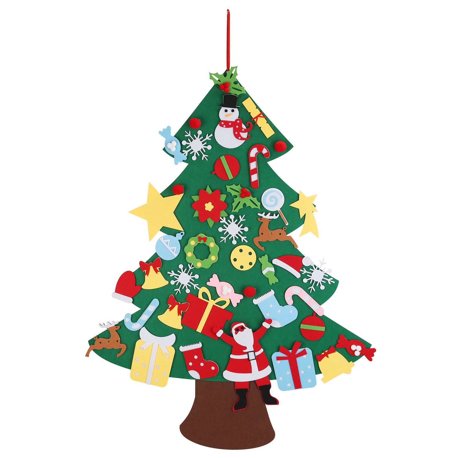 Festive felt ornaments arranged on a Christmas tree for holiday display