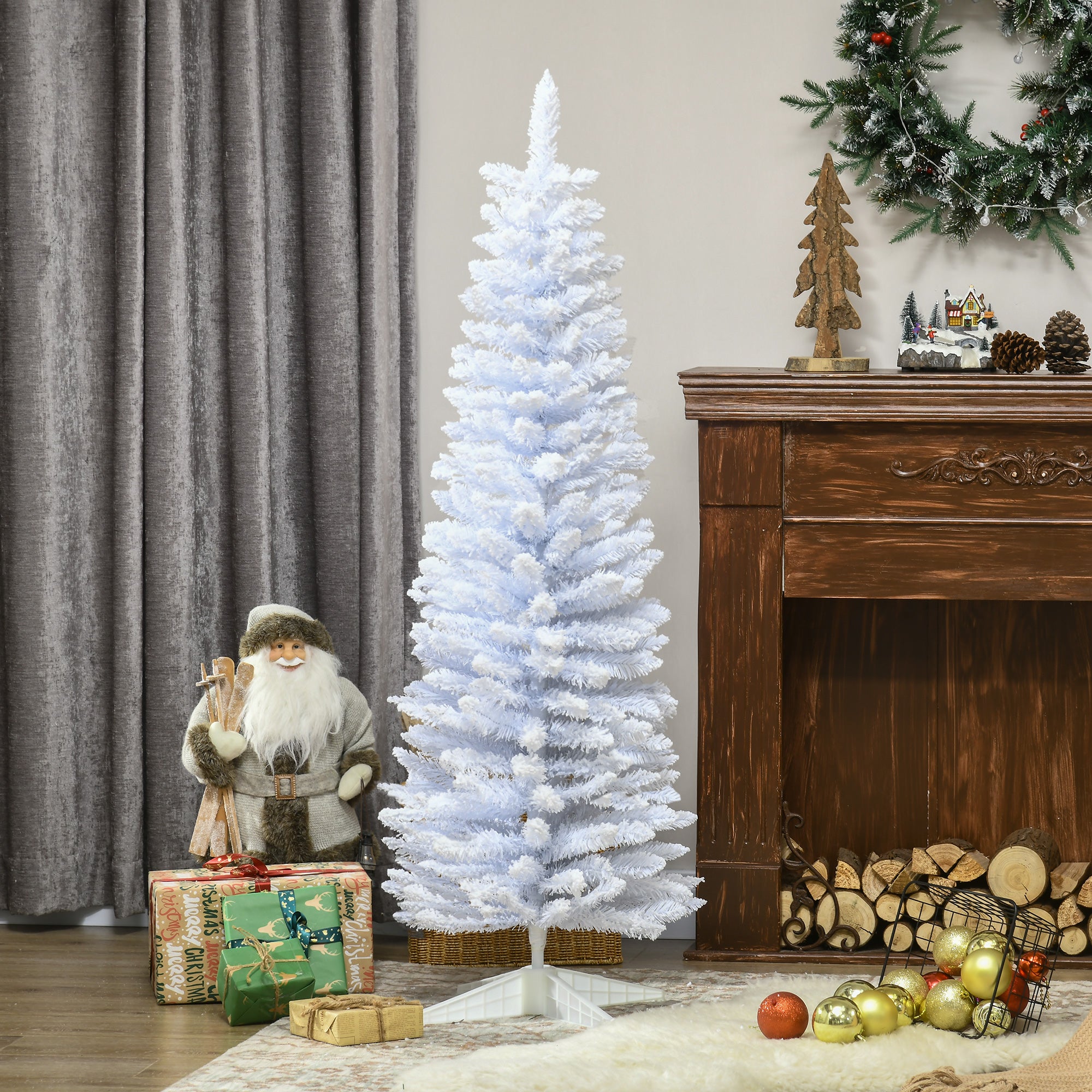 5-foot white pencil Christmas tree with snow flocked branches in a cozy living room setting Main image