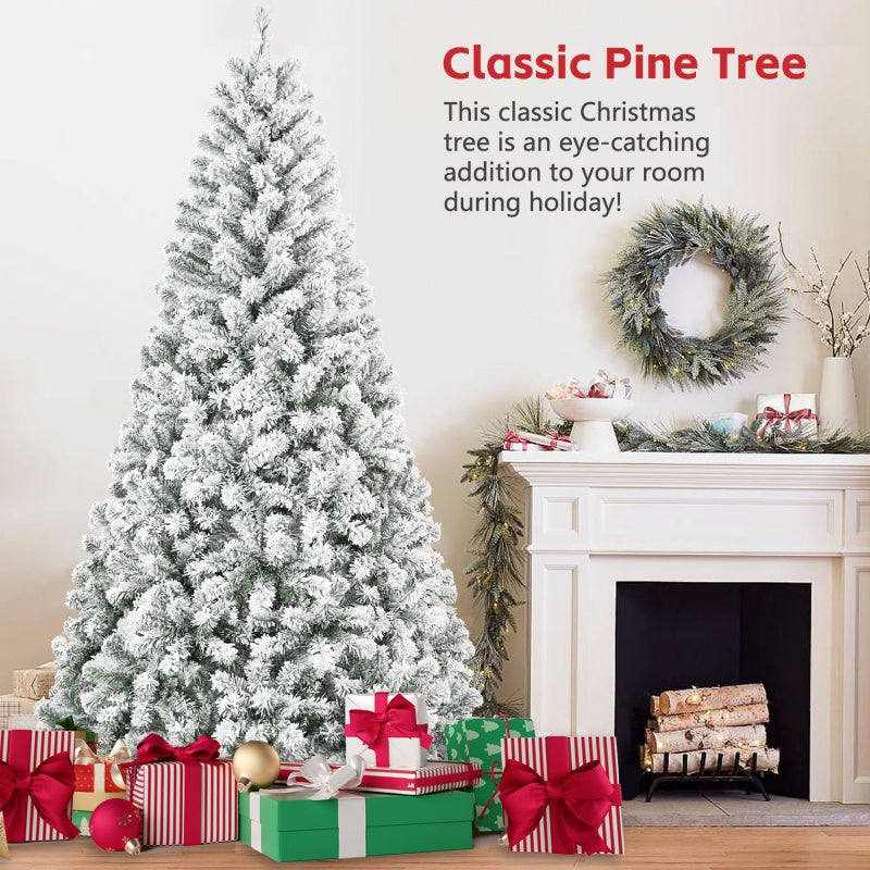 Snow flocked artificial Christmas tree with soft white branches in a living room setting