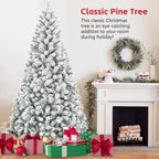 Snow flocked artificial Christmas tree with soft white branches in a living room setting