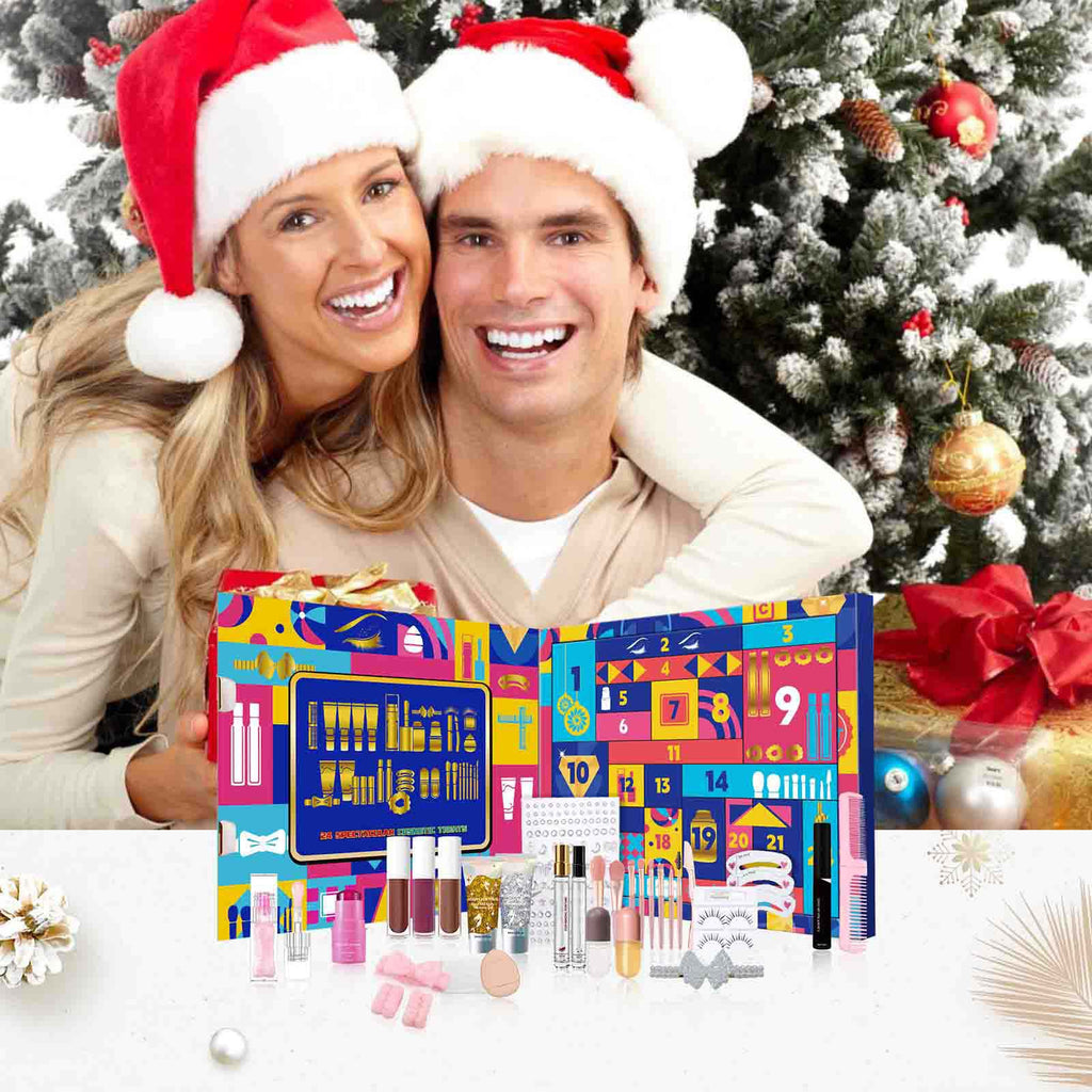 Festive advent countdown box with red and green holiday accents