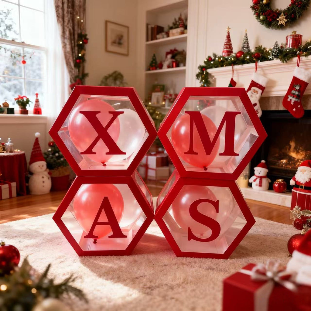 Paper Christmas balloon boxes displayed as party table centerpiece arrangement