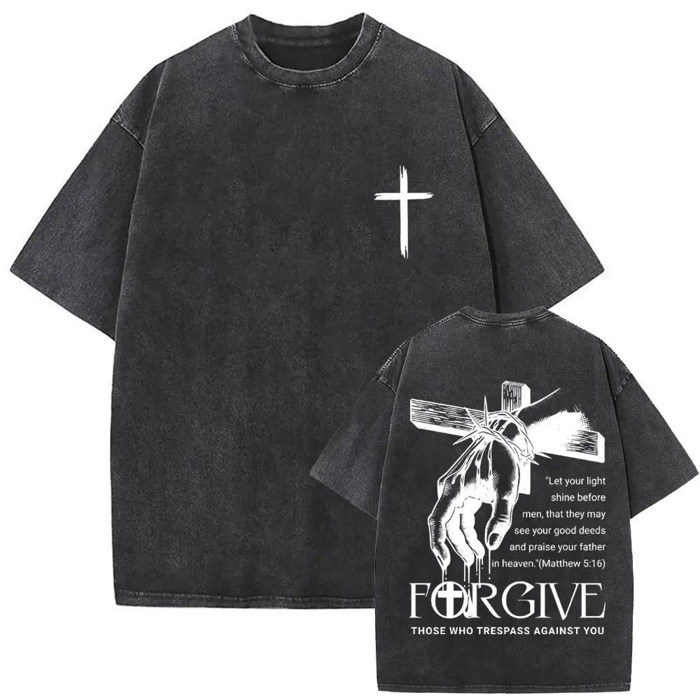 Front view of black Christian Forgive Them Father t-shirt