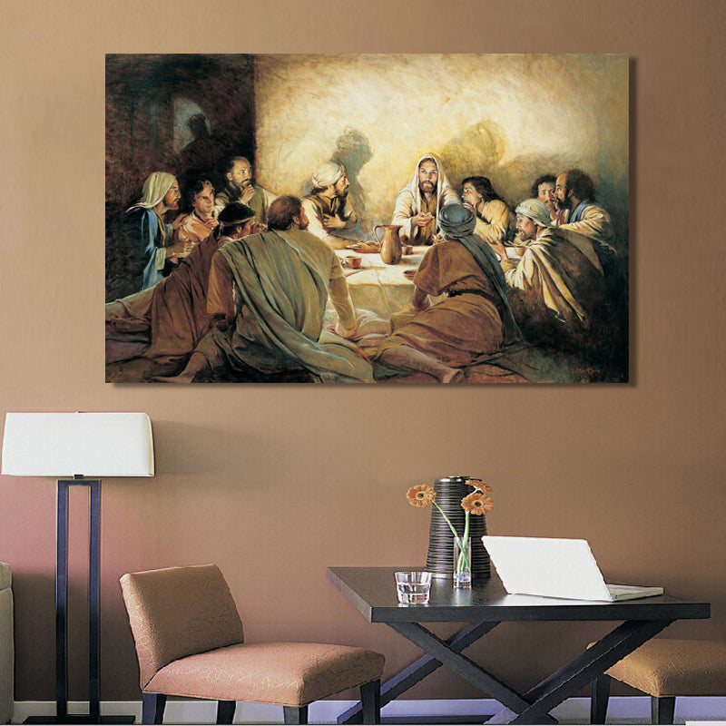Fresco painting detail featuring Jesus and figures around the table with warm earth tones