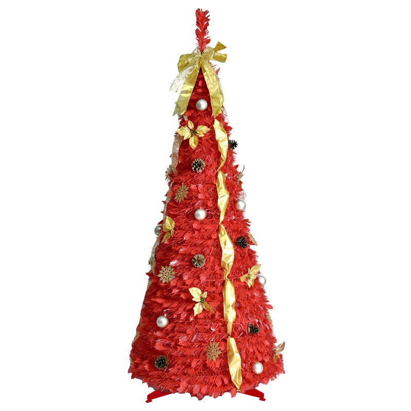 Pine cones and ornaments hanging on a festive Christmas tree