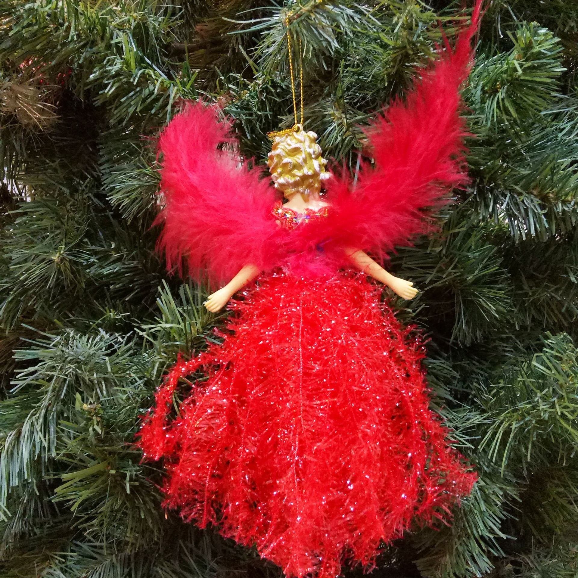 Red plush angel pendant with sparkling fabric detail