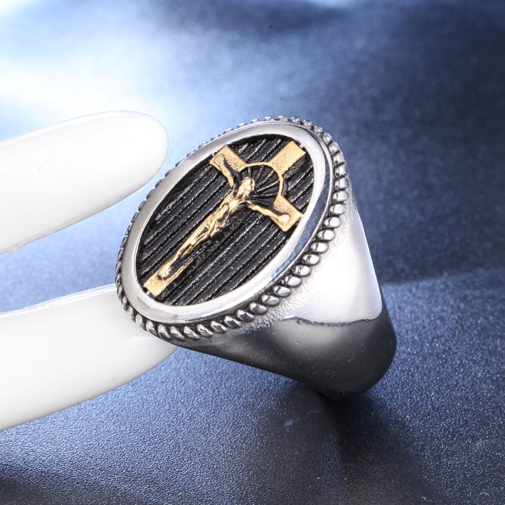 Men's faith jewelry ring displayed with subtle gleam