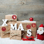 Circular kraft paper stickers showcasing Christmas typography