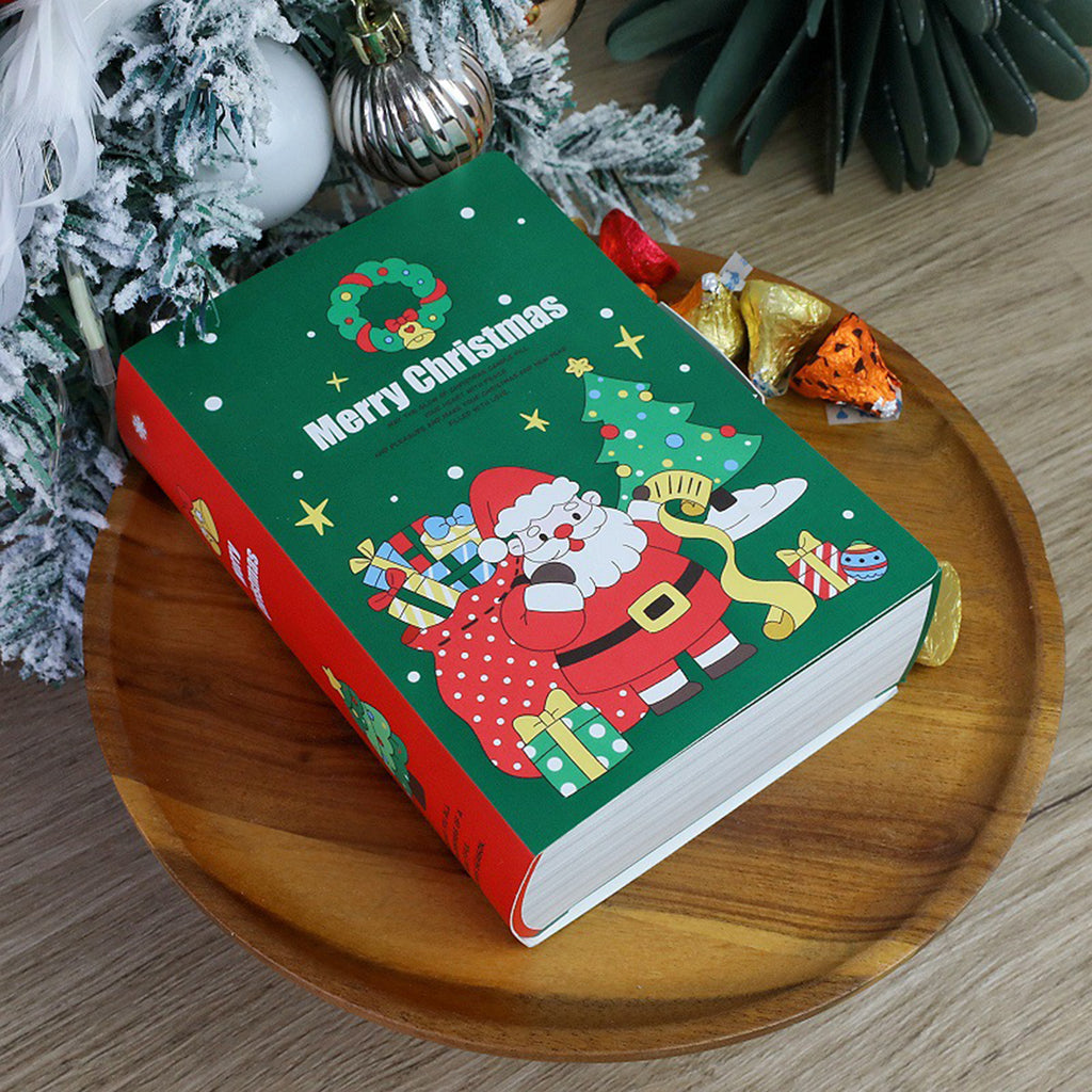 Green Christmas storybook shaped candy box filled with treats