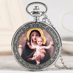 Green patina finish detail on pocket watch case with sacred imagery