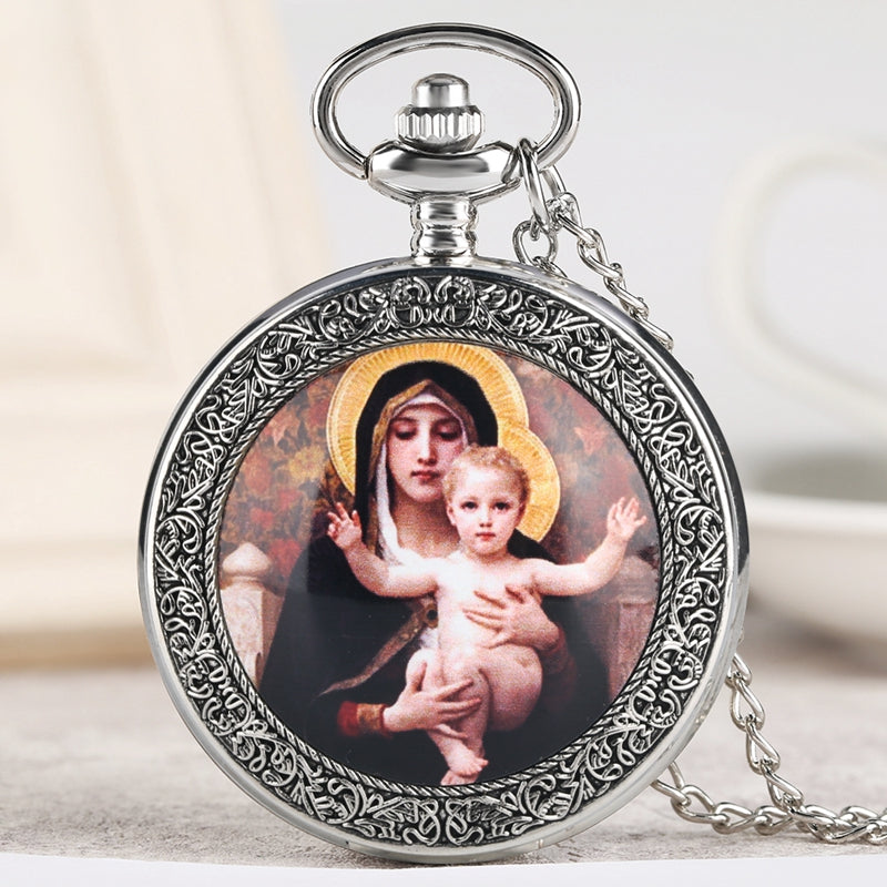 Green patina finish detail on pocket watch case with sacred imagery
