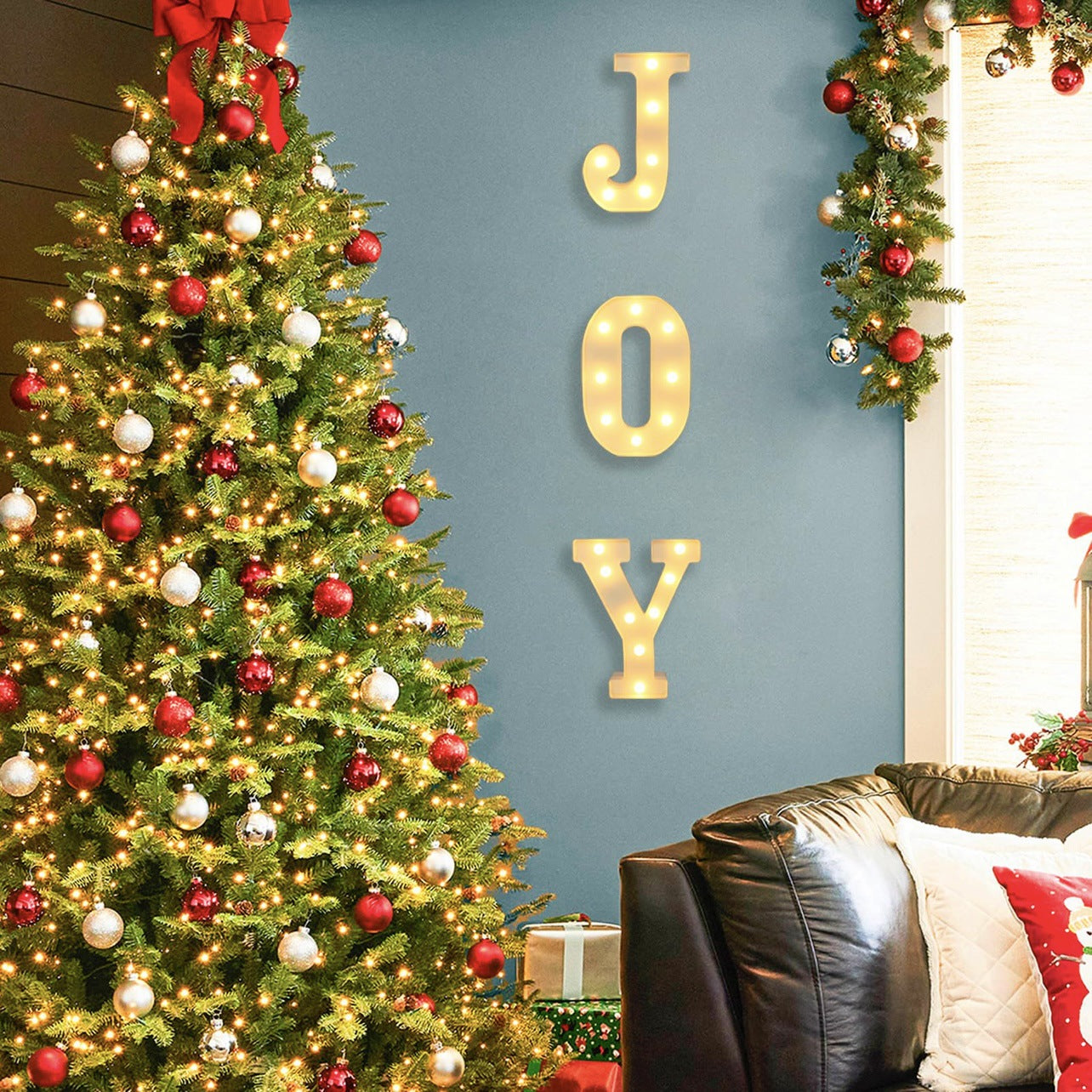 Joy Christmas letters as festive home centerpiece