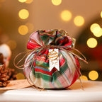 Close-up of red fabric tote bag Christmas packaging accessory