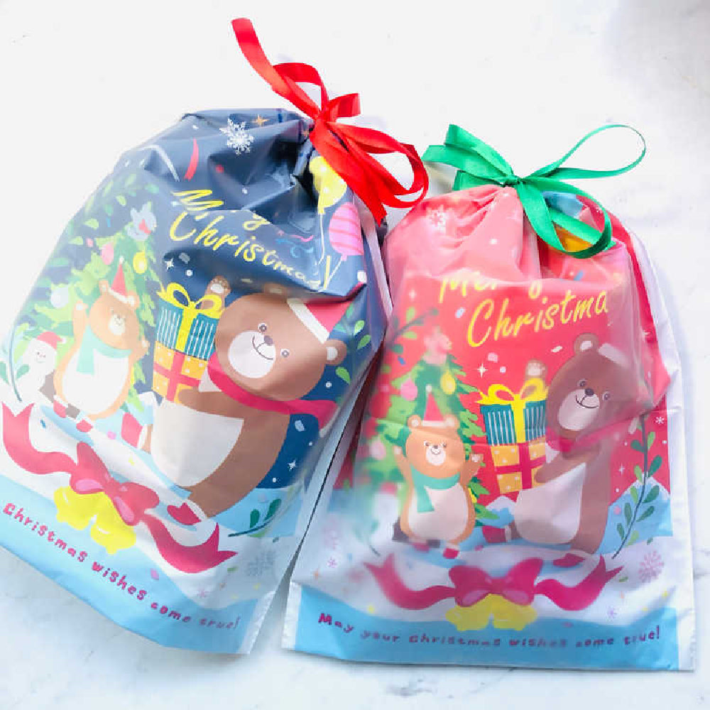 Christmas bear bag showing expandable base and drawstring closure
