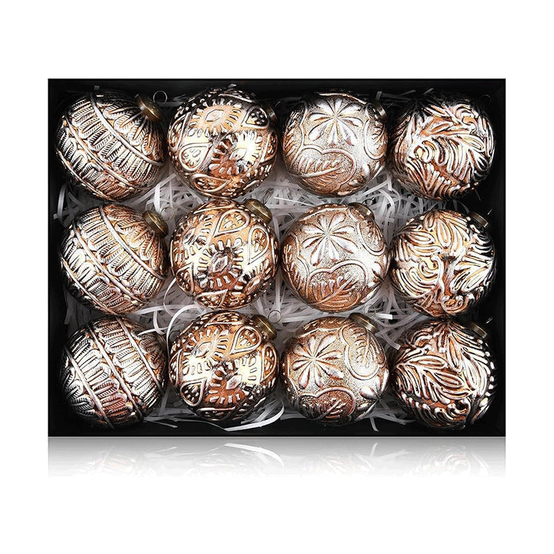 Classical Christmas balls with warm brown finish arranged for holiday display