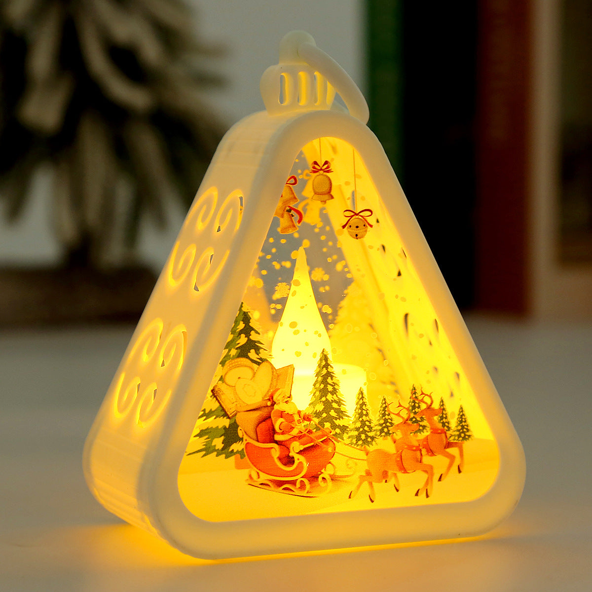 Bronze Christmas tree candle lamp with UV printed details and glass shade