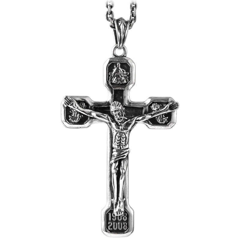Side profile of sterling silver cross pendant showing dimensional shape