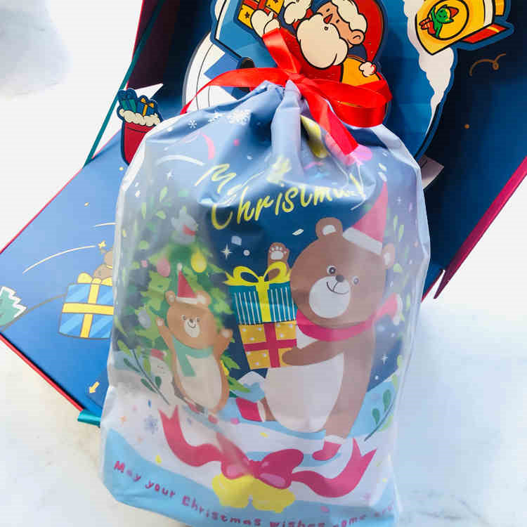 Christmas bear gift bags showing size compared to everyday items