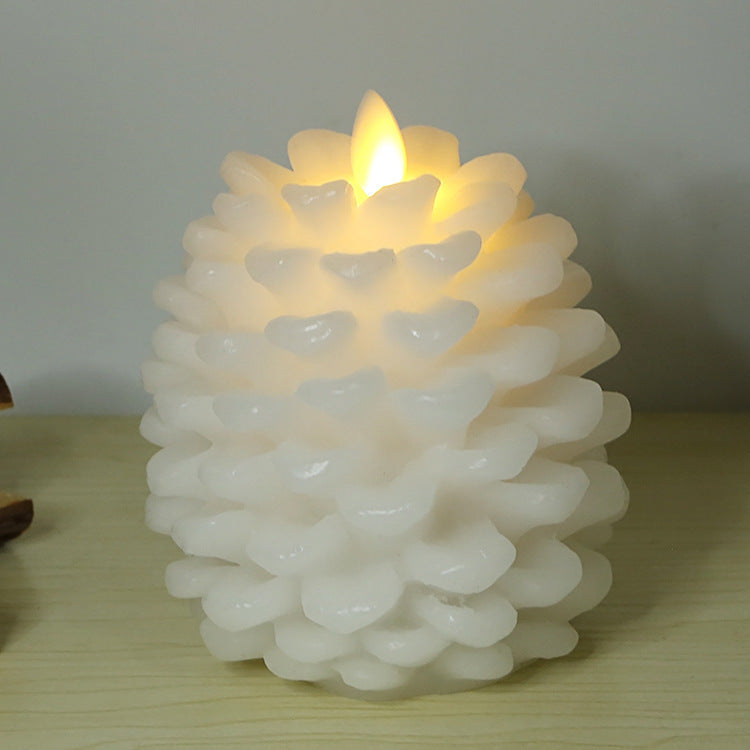 Assorted pinecone candles in brown, white, frost and silver tones arranged decoratively, Pinecone Christmas Candle, collectio