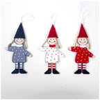 Wooden Christmas tree boy girl ornament set laid out flat showing details