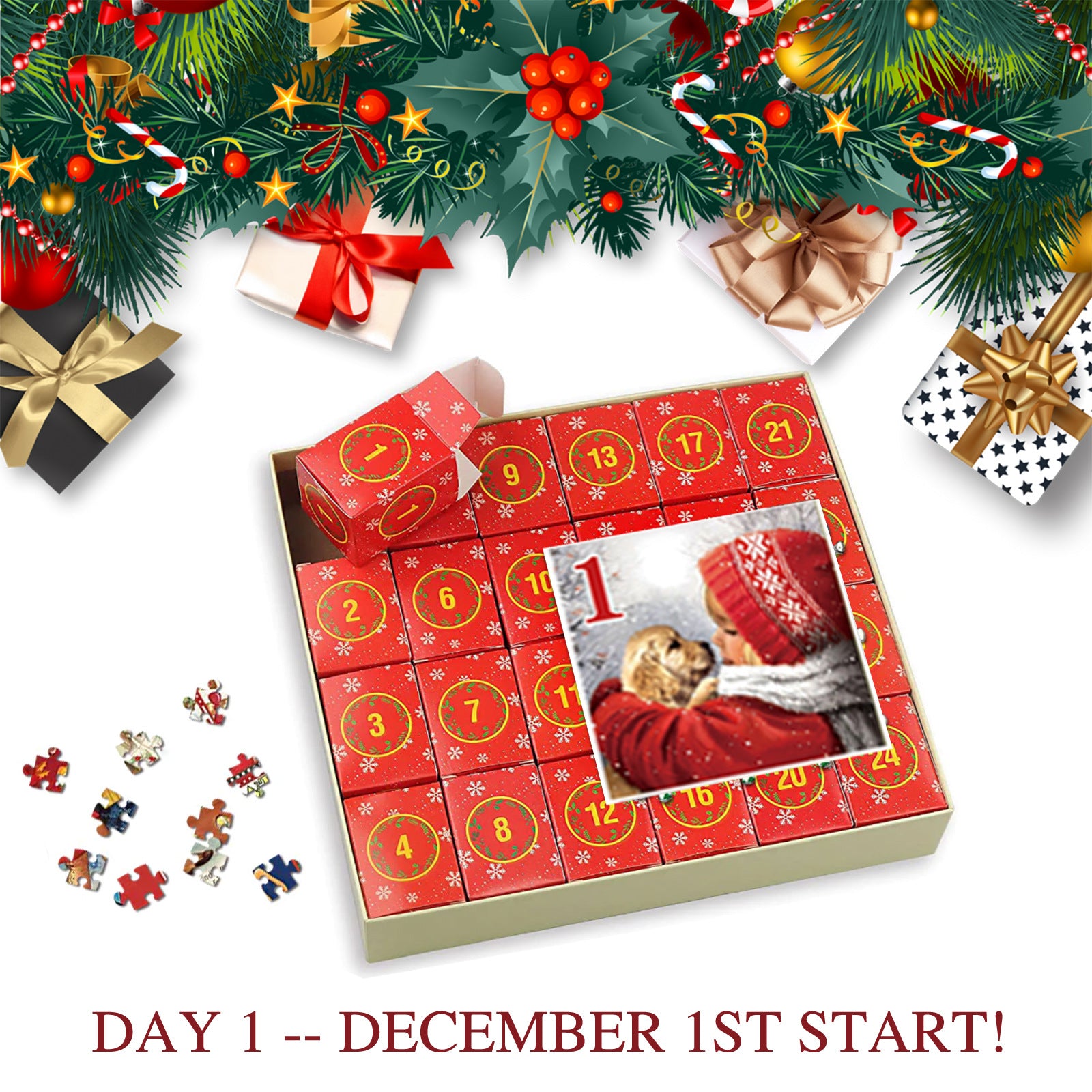 Creative 24-grid advent calendar puzzle with Christmas theme for counting down to December 25th