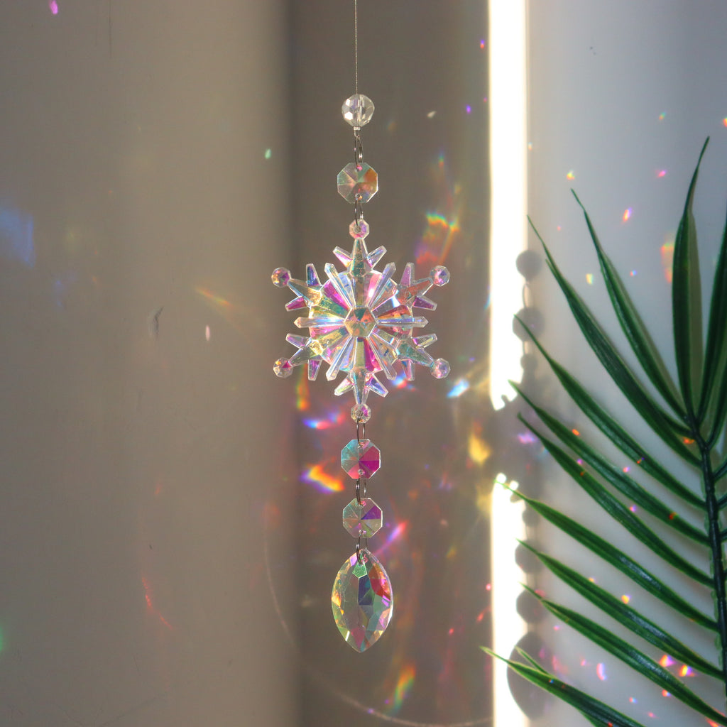 Close-up of acrylic snowflake ornament hanging element