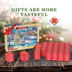 Loose 1008 puzzle pieces in festive Christmas colors scattered on wooden table - Advent Calendar Puzzle