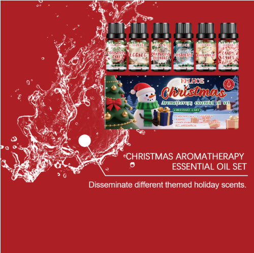 Six aromatherapy oil bottles showcasing fresh air fragrance for Christmas