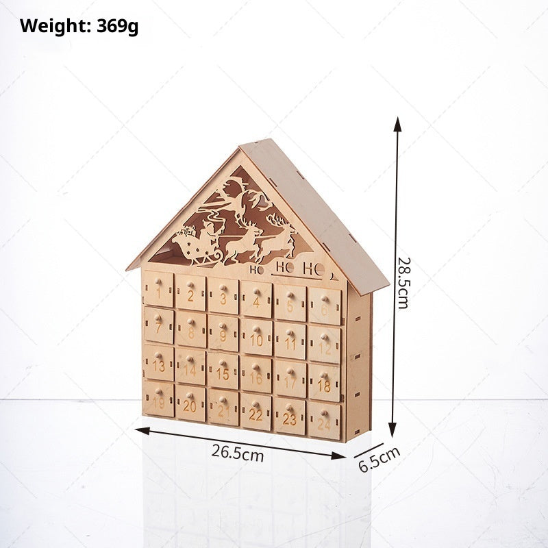 Wooden glowing Advent calendar displayed in cozy holiday setting