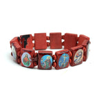 Multi-color wooden rosary bracelet set showing black, wood, wine red, and brown options
