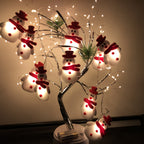 Close-up of cute plush snowman decorations on Christmas string lights