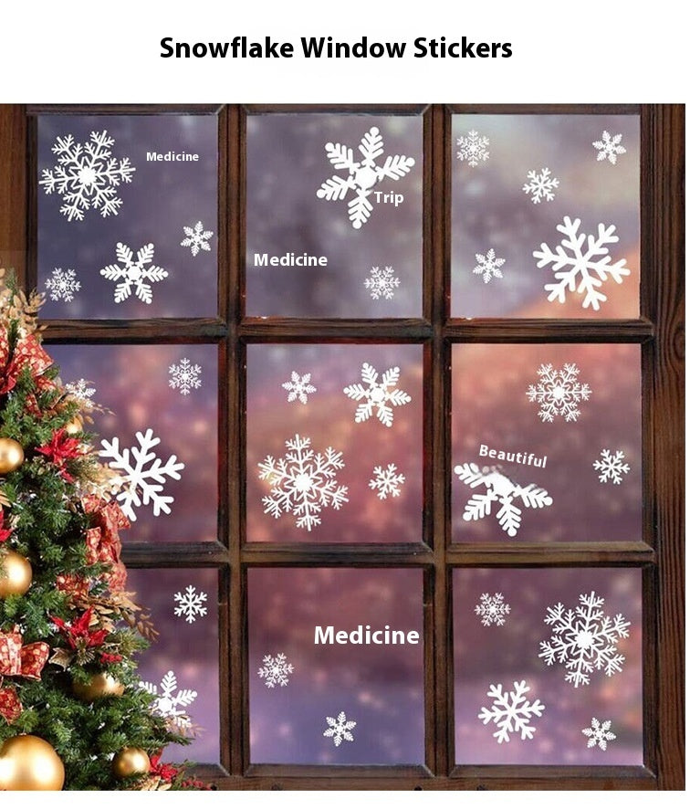 Multiple white snowflake stickers ready for Christmas window application