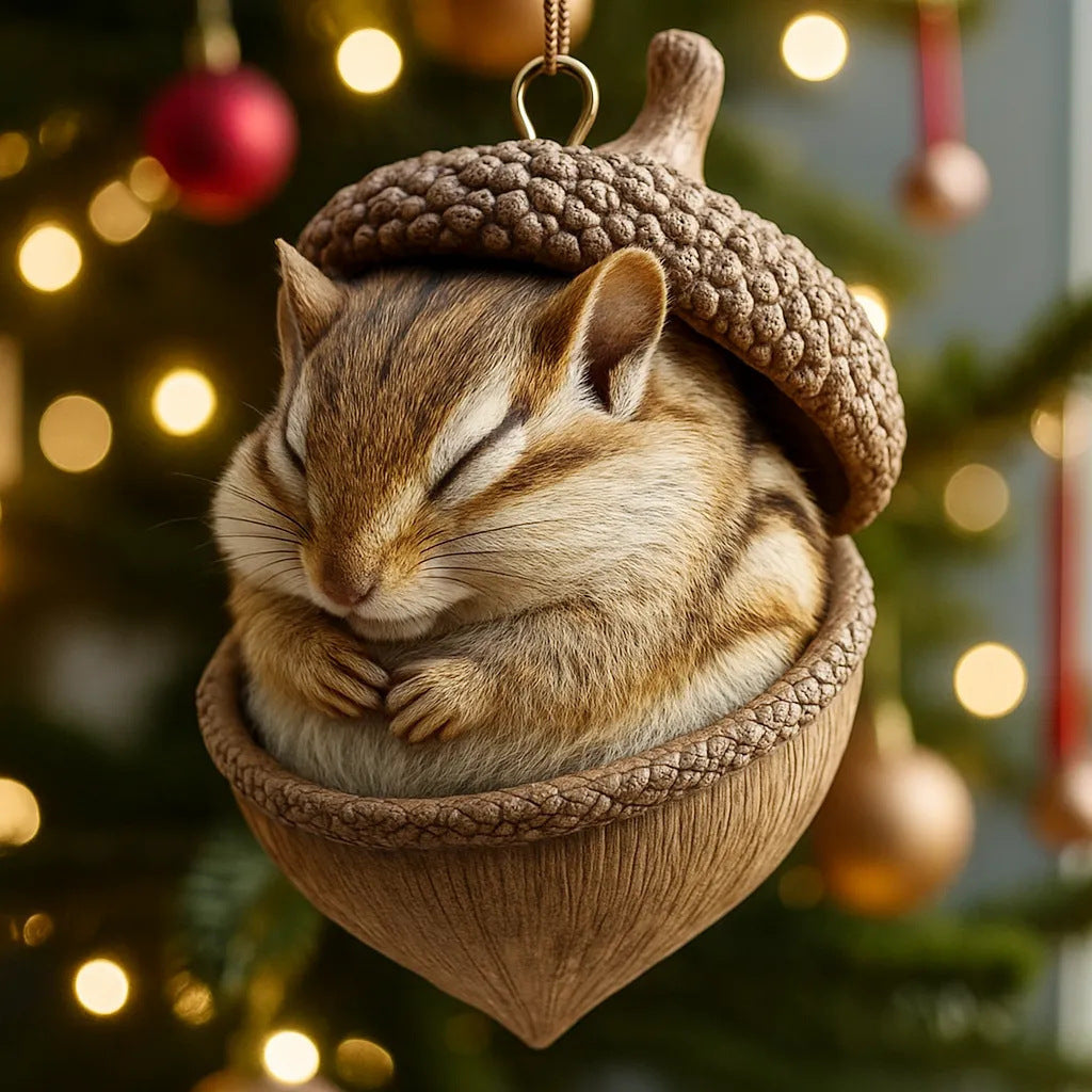 Chipmunk acrylic ornament hanging among holiday decorations
