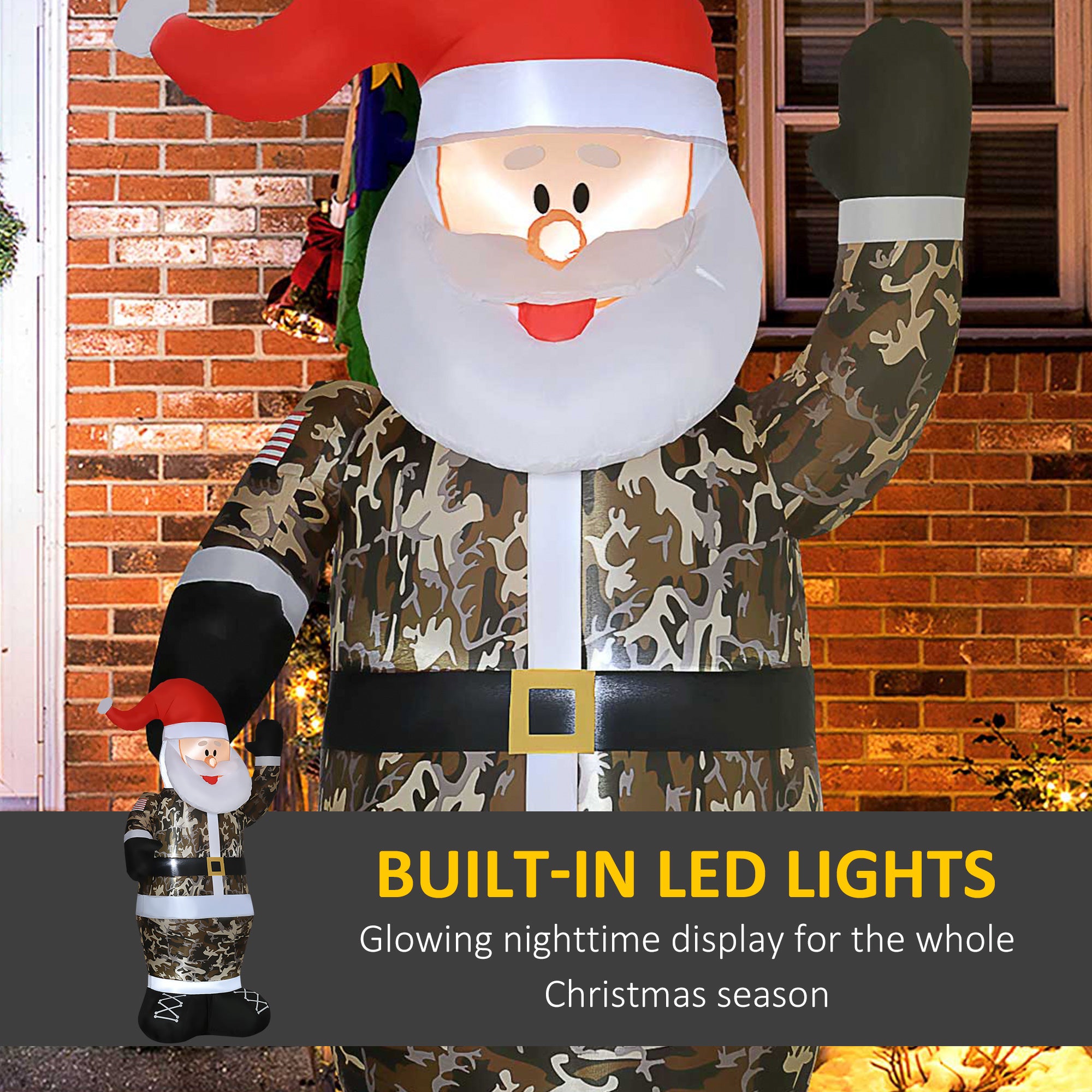 Camo Santa Inflatable with LED Lights - Outdoor Christmas Decor