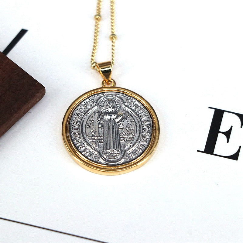 Retro round Jesus bead necklace with ball chain design in gold finish