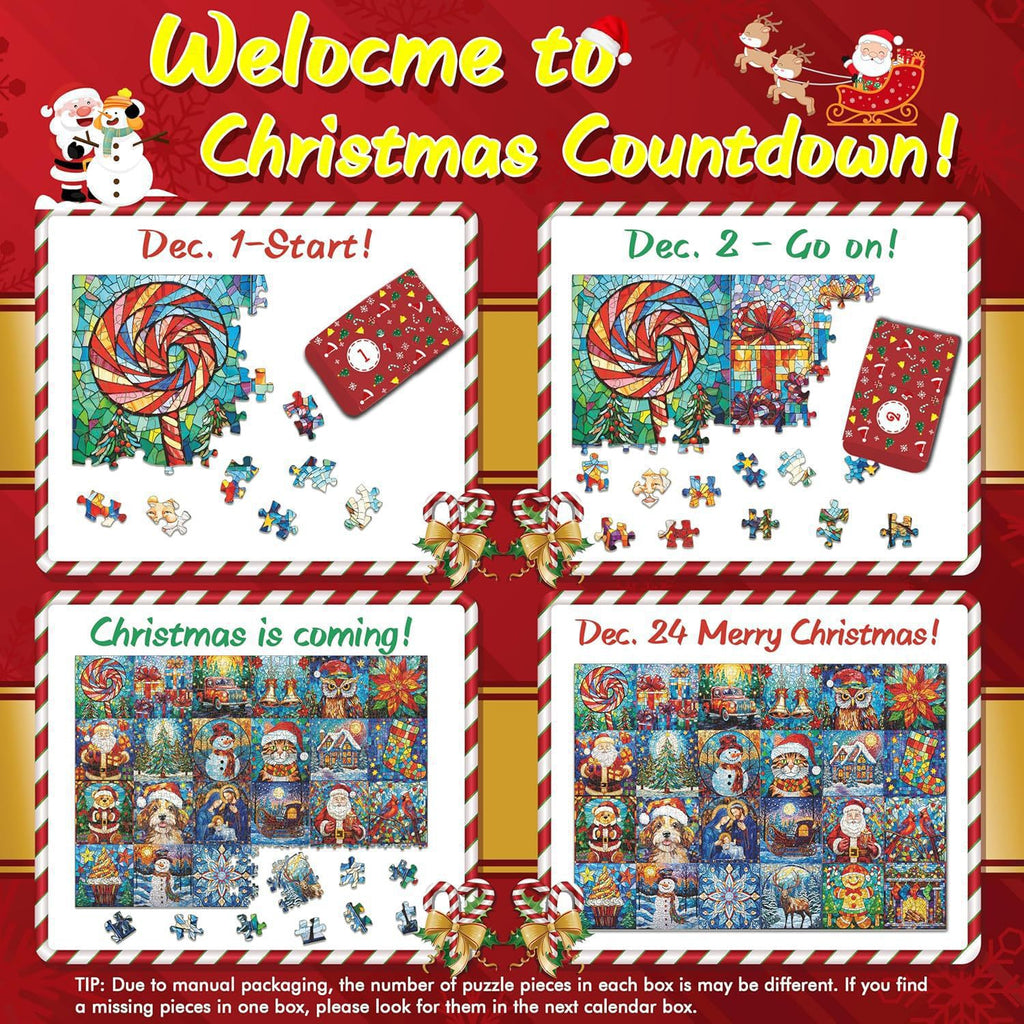 Christmas puzzle countdown calendar displayed on a festive mantel with holiday decorations