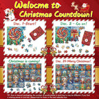 Christmas puzzle countdown calendar displayed on a festive mantel with holiday decorations