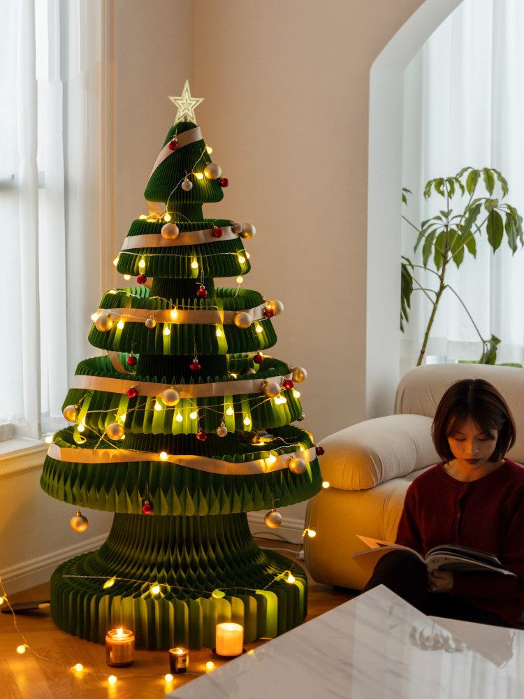 Paper origami tree decoration in serene Nordic living room setting