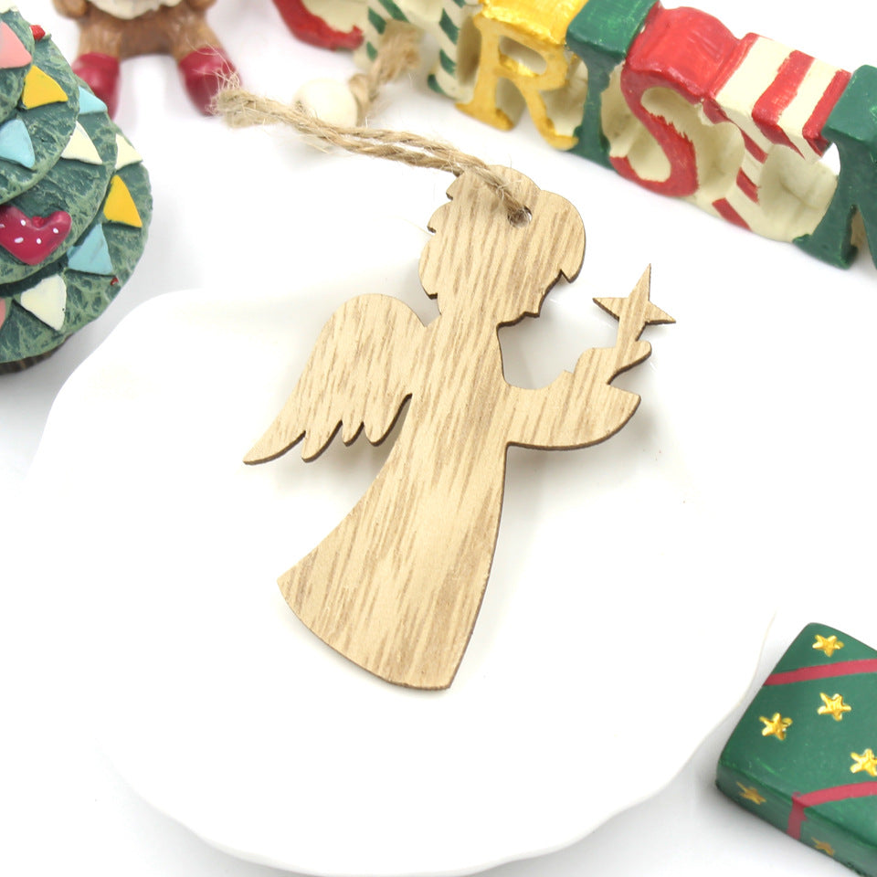 Handmade birch wood ornaments hanging together showing the complete European Christmas collection