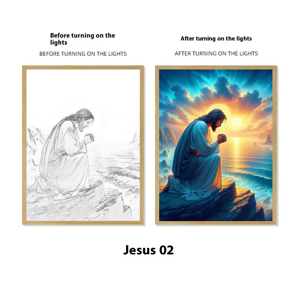 Luminous glowing wall art featuring Jesus, crosses and angels in a modern minimalist frame