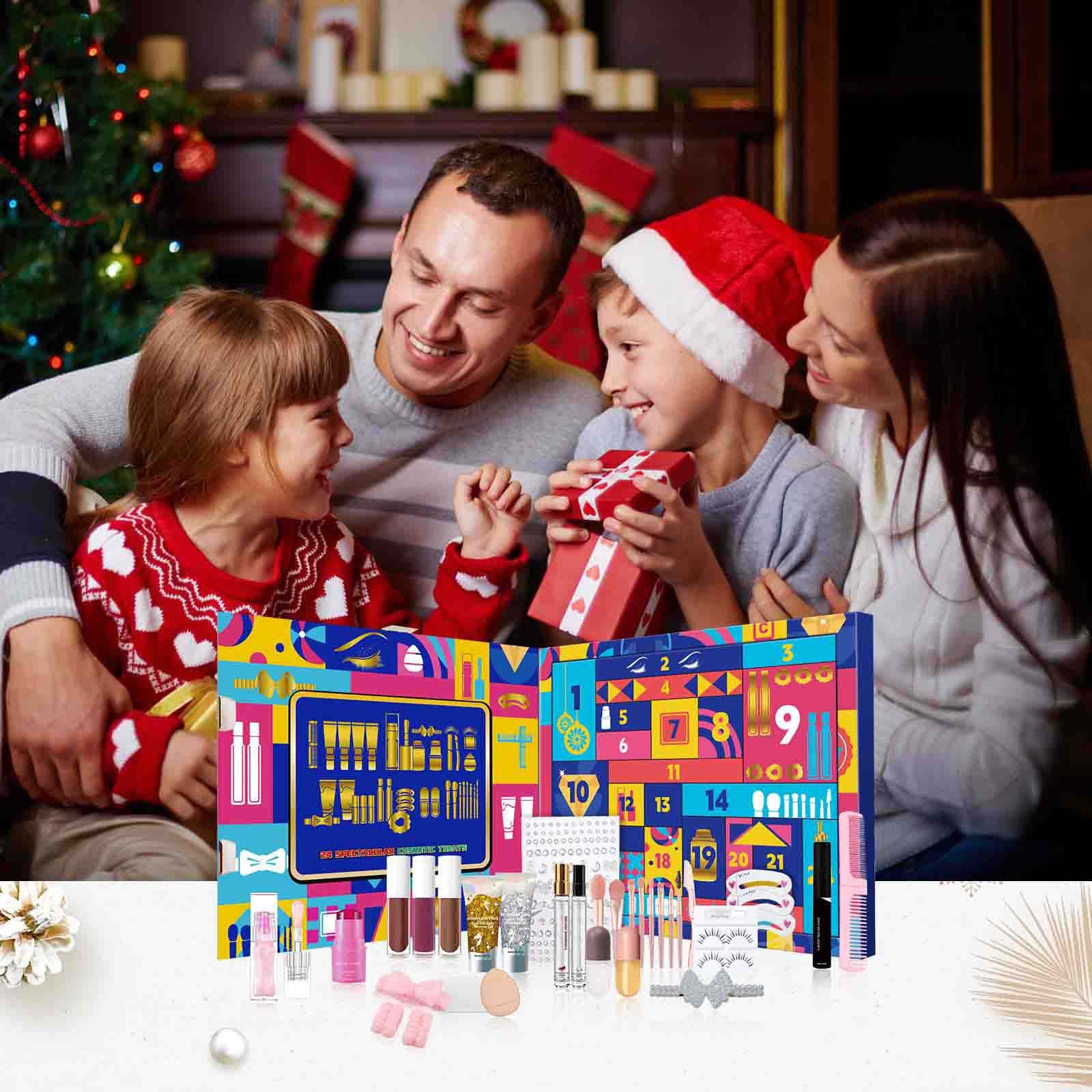 Holiday countdown gift box set against cozy winter background
