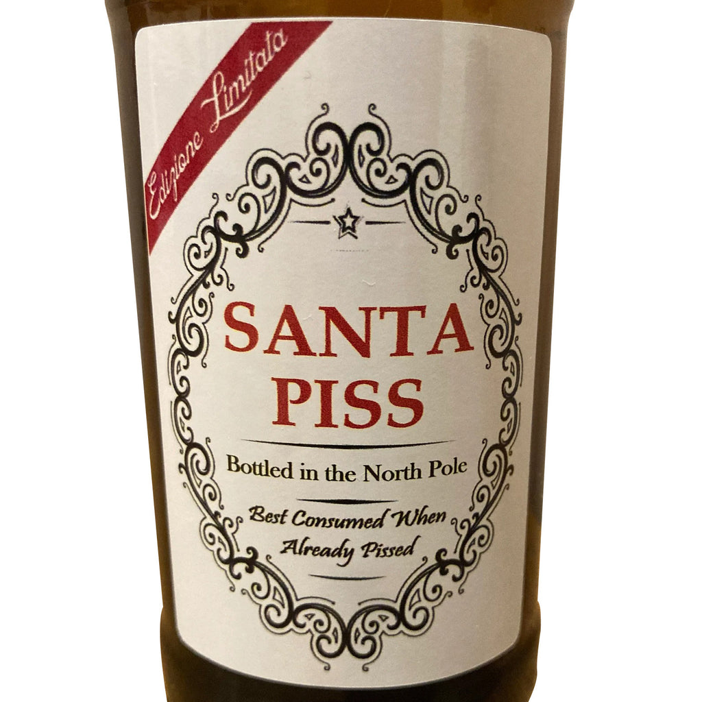 Five Christmas bottle label stickers arranged in a festive design for holiday celebrations