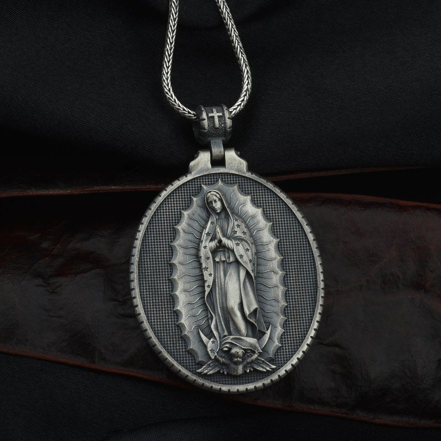 Black Virgin Mary pendant necklace with vintage metal finish on curb chain Main image